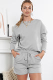 Brown Textured Long Sleeve Top & Drawstring Shorts Set